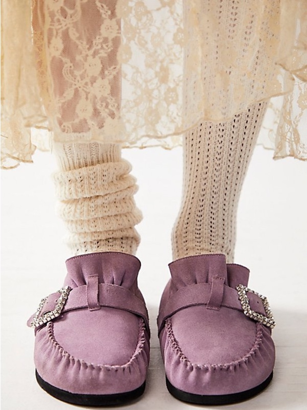 Free People Lavender Shearling & Suede Mules with Crystal Buckle